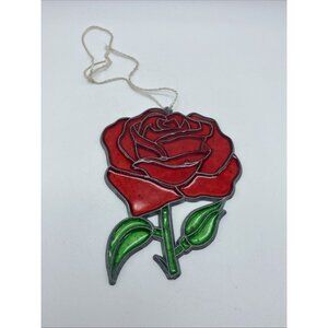 Vintage Red Rose Stained Glass Sun Catcher Window Decoration 4.75" Floral